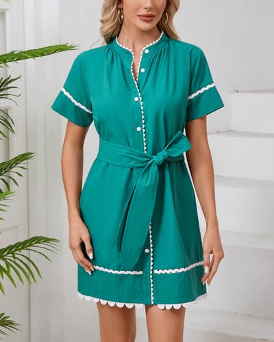 Image of Women's Summer Shirt Dress Short Sleeve Button Down Mini Tie Waist Belted Tunic with Pockets RIC Rac Trim