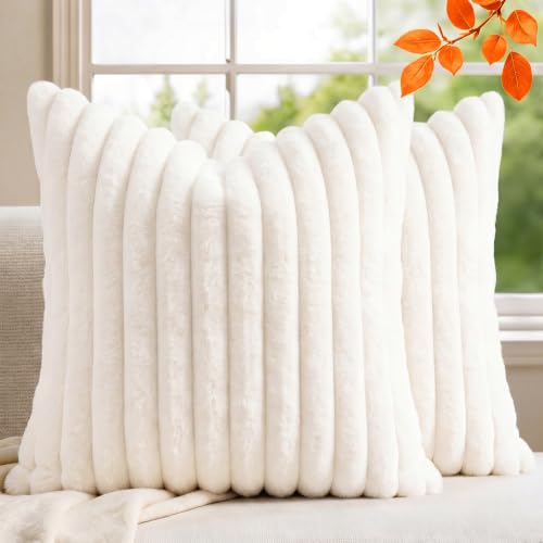 MEGAYES Pack of 2 Throw Pillow Covers 18x18 Decorative Solid Plush Faux Fur with Soft Velvet Back Square Striped Cushion Cases Modern Farmhouse Home Decor for Living Room Couch Sofa Bed Cream White