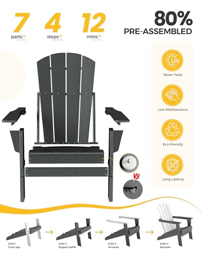 Image of Folding Adirondack Chair, Lightweight & Portable HDPE Patio Chair, All-Weather Space-Saving Foldable Fire Pit Seating for Camping, Backyard, Deck-Grey