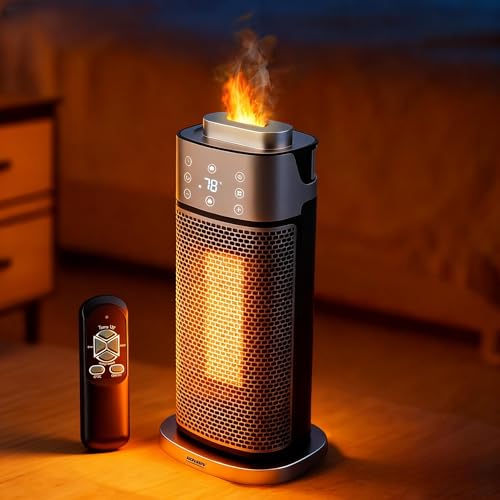 ROVSUN 1500W Electric Space Heater w/Humidifier & 3D Flame Effect, 16''H Tower Heater w/Remote Control & Timer, 70° Oscillation, Tip-over & Overheat Protection for Indoor Ues Bedroom Living Room