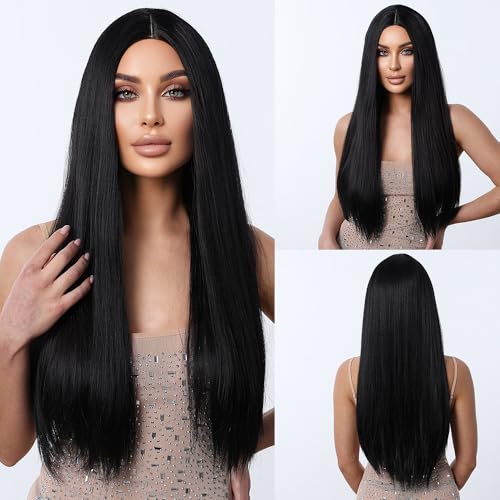 Umbrion Long Natural Black Human Hair Wigs Middle Part Natural