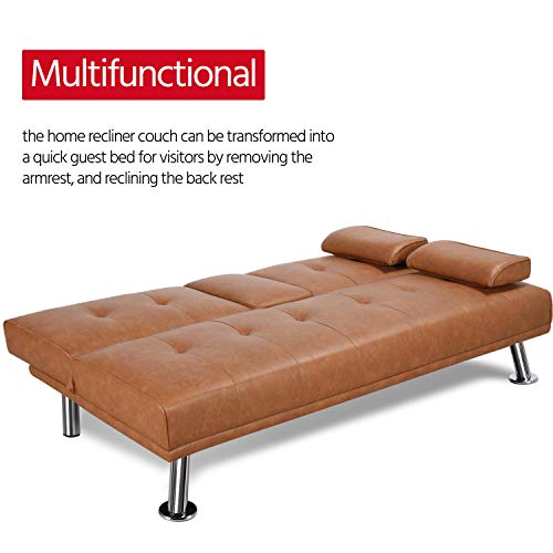 Yaheetech Modern Faux Leather Futon Set Convertible Recliner Sleeper Fold Up & Down Loveseat Reversible Daybed Guest Bed, 3 Angles Adjustable, 2 Cup-Holders, Up To 772 Lbs, Brown #TOP3