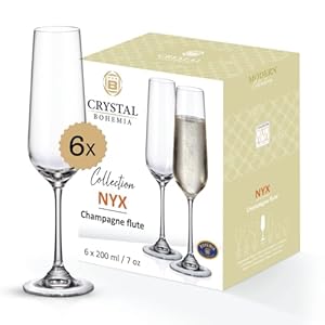 Crystal Bohemia Sektgläser - 6er Set, je 200 ml, spülmaschinenfest, schlank, kratzfest & elegant - Klassische Kristallgläser für Champagner & Prosecco - Ideal für Dinnerpartys & als Geschenk