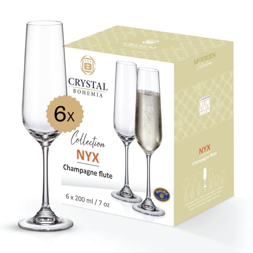 Crystal Bohemia Sektgläser - 6er Set, je 200 ml, spülmaschinenfest, schlank, kratzfest & elegant - Klassische Kristallgläser für Champagner & Prosecco - Ideal für Dinnerpartys & als Geschenk