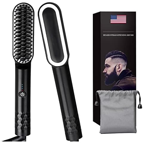 Beard Straightener for Men - Anti-Scald Beard Straightening Comb - Heated Hair Straightener for Men & Women - Upgraded Portable Electric Beard Brush with Dual Voltage & Carrying Bag for Home & Travel Cover