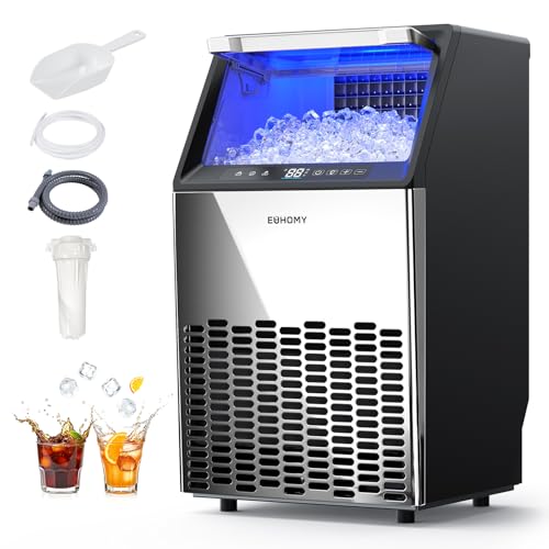 EUHOMY Commercial Ice Maker Machine,120lbs/24H Stainless Steel Under Counter Ice Machine with 33lbs Storage Bin, Freestanding Ice Maker for Home/Bar/Cafe/Restaurant(Mirror-Polished Stainless Steel)