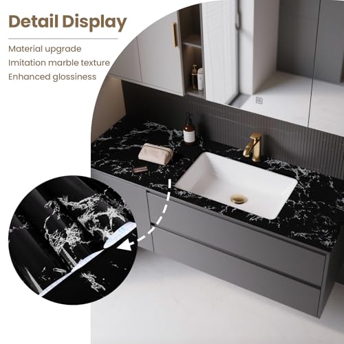 practicalWs Glossy Marble Wall Paper Granite Black/Grey Kitchen Countertop Cabinet Furniture Refurbishment Removable Wallpaper Peel and Stick Vinyl Roll 17.7" x 196.8"