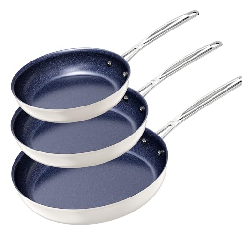 Nuwave 3-Piece Fry Pan Set, 8”, 10”, 12” Forged Lightweight, G10 Healthy Duralon Blue Ceramic Ultra Non-Stick, Induction-Ready & Works on All Cooktops, Ergonomic Stay-Cool Handles by Nuwave - Used condition - US$60.64