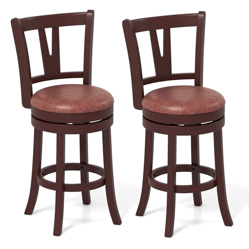 Butacos COSTWAY de 2 piezas con respaldo alto y reposapiés, tapizados en cuero sintético, para isla de cocina o comedor, altura de asiento 26 pulgadas, color capuchino