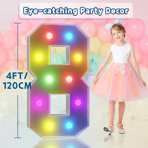 Image of Imprsv Colorful 4FT Marquee Numbers 8, 18 Colors Large Light up Numbers | RGB with Remote, Birthday Party Decorations Anniversary Wedding Decorations Assembly Required 23 Pcs Accessory Set