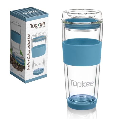 Tupkee Double Wall Glass Tumbler - 14-Ounce, All Glass Reusable Insulated Tea/Coffee Mug & Lid, Hand Blown Travel Mug - Niagara