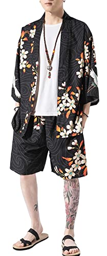 Men's Japanese Style Kimono Tops Shorts Sets Lightweight Casual 3/4 Sleeve Open Front Cardigan Suits