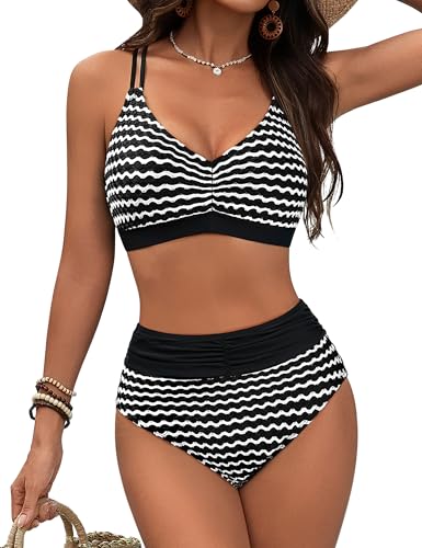 Image of Blooming Jelly Womens High Waisted Bikini Sets Striped Tummy Control Swimsuits Color Block Two Piece Bathing Suit