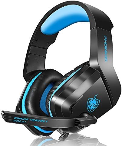 PHOINIKAS H1 Gaming Headset for PS4, Xbox One, PC, Laptop, Nintendo Switch with Bass Surround, Xbox One Headset with Noise-Cancelling Mic, Over Ear Headphones with LED Light, Gift for Kids - Blue