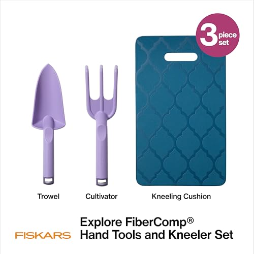 Image of Fiskars 3-Piece Gardening Set, Explore Collection Hand Tools and Kneeler, FiberComp Trowel and Cultivator, Dual Layer Knee Pad for Digging, Weeding, and Soil Aeration, Lightweight Rustproof Design