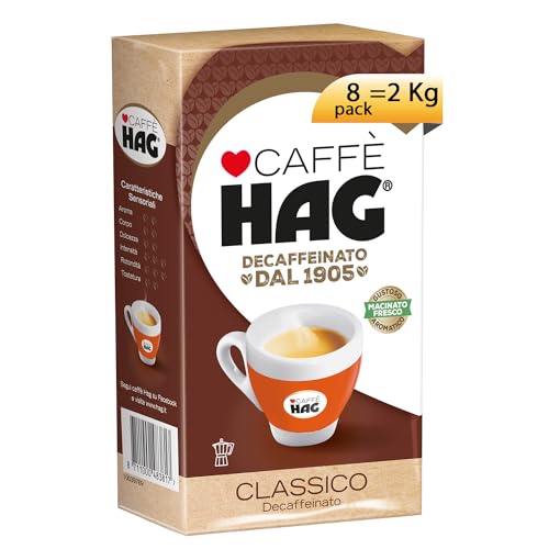 Hag - Caffè Macinato Decaffeinato Gusto Classico Macinato Fresco - Chicchi Pregiati di Arabica e Robusta - Contiene 8 confezioni da 250 gr (totale 2 kg)