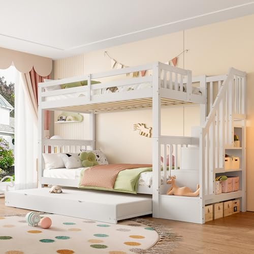 Rtopsu Etagenbett Kinderbett 90x200 cm für 2-3 Kinder, Hochbett mit Treppe und Ausziehbares Rollbett, Bett mit Rausfallschutz und Stauraum Lagerregal, Holzbett mit Lattenrost, Weiß, Ohne Matratze
