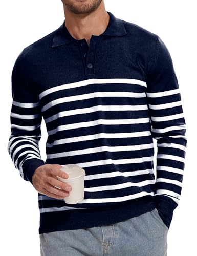 Demoking Striped Sweaters for Men Polo Shirts Long Sleeve Mens Casual Knit Sweater Navy XXL