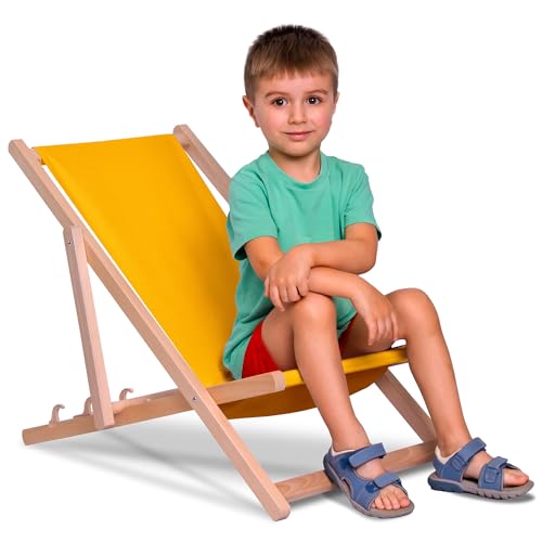 DreamRoots Chaise Longue Enfant en Bois de Hêtre, Chilienne Enfant Pliable, Transat Extérieur Jardin, Plage, Tissu Lavable Polyester 220 g/m², Charge Max 130 kg