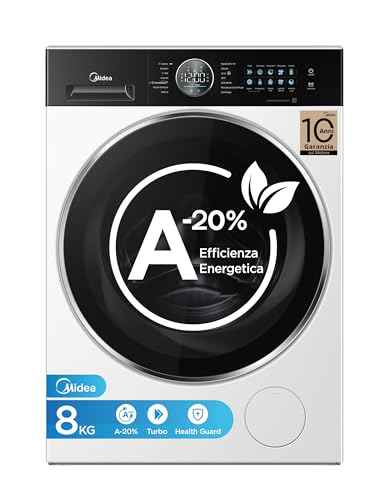 Midea Lavatrice Carica Frontale, 8 kg, Classe A-20%, 1400 Giri, Vapore, Silent Inverter Motor, Lavaggio Potente e Rapido,Pannello Touch, Bianco - MF21EW80B