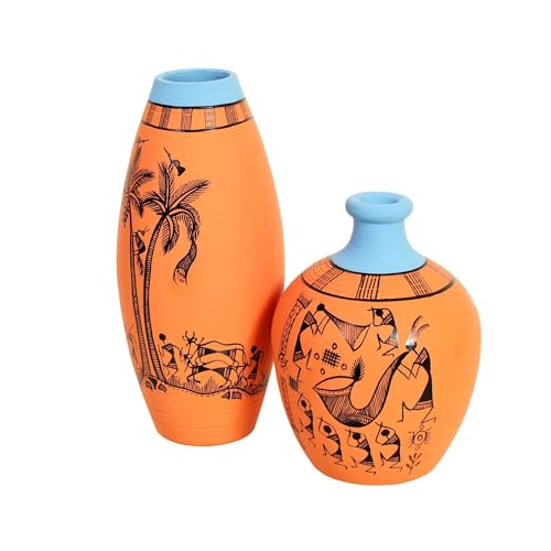 Image of Aakriti Art Creations Desert Safari Terracotta Vase Set of 2 | Handcrafted Warli Art Decorative Flower Vases | Matte Finish Orange Tribal Vase Set for Living Room Table Decor & Housewarming Gift