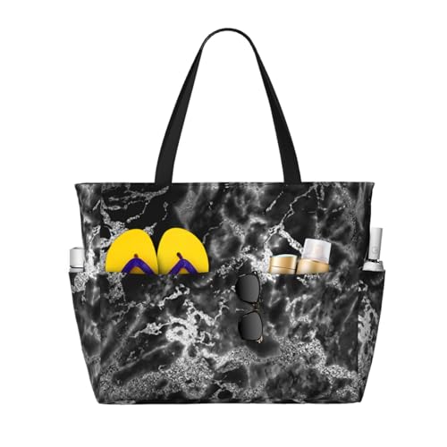 Sac de plage marbre gris graphite et noir pour femme avec poignées