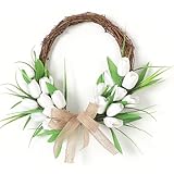 SPYMINNPOO Knstlicher Blumenkranz, Lebensechte Blten aus Kunstrattan, Frhlingskranz 40 cm, fr Haustr und Eingangsbereich Innen- und Au?endekoration (Wei? mit Rattan-Reifen)