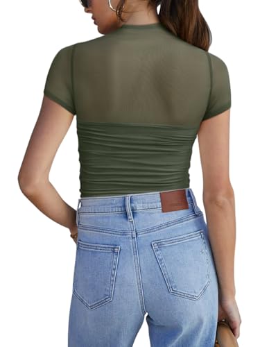 Image of REORIA Women's Sexy Mock Turtle Neck Short Sleeve Shirts Sheer Mesh Ruched Trendy Going Out Bodysuits Tops