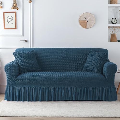 Image of Lukzer 320 GSM Stretchable 5 Seater Turkish Sofa Cover Universal Couch Protector Bubble Fabric with Frill Universal Big Elasticity Slipcover (Teal Blue /SC-103-05)