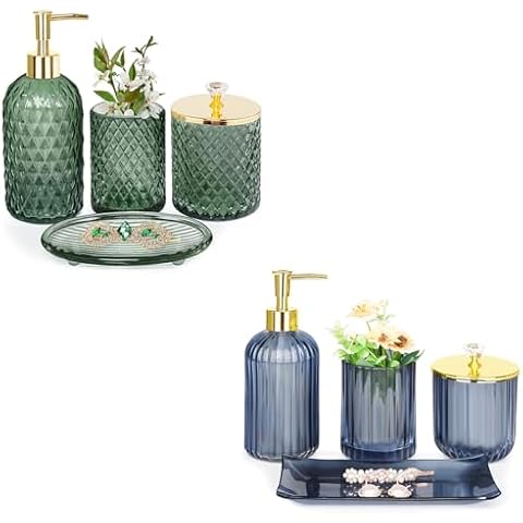 Haturi Bathroom Accessories Set, 4 Pcs Blue Glass Bathroom Accessories Sets Complete w/Lotion Soap Dispenser, Toothbrush Holder, Apothecary Jar, Vanity Tray, Bathroom Decor, Gift for Home Apartment Cover