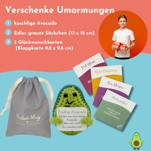 Pocket Hug Positive Avocado · Mutmachergeschenk für Freunde, Familie und Kollegen · Kreative Avocadofigur · Motivationsgeschenk & Glücksbringer deutsch · Handmade Woll-Avocado inkl. Zubehör