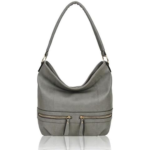 Fontanella Fashion Women's Large Slouch PU Leather Roomy Shopping Work Hobo Shoulder Handbag With Dual Front Zip Pocket-Dark Grey Cover