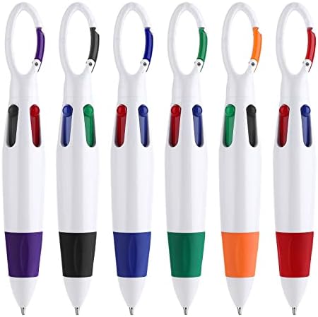 TIESOME Retractable Shuttle Pens with Carabiner Clip, 6 Pieces 4-in-1 Ballpoint Pens Multicolor Pens with Buckle Keychain on Top for Office School Supplies Students Gifts Party Favors