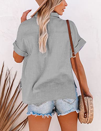 Shebote Womens Short Sleeve Cotton Button Down Up Shirt Collared V Neck Tops Shirts Blouses Dress For Women Western Wear(0051-Grey-M) #TOP4