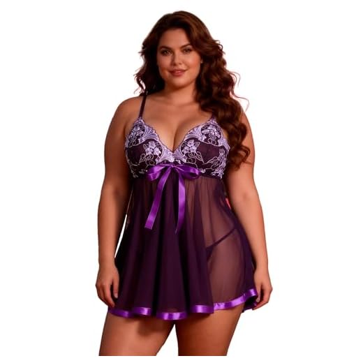 ohyeahlady Negligee Damen Spitze Nachthemd Babydoll Sexy Dessous Trägerkleid Lingerie Reizwäsche mit G-String(Violett B,3XL-4XL)