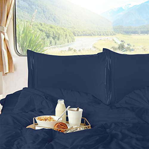 Image of Nestl Navy Blue Short Queen Sheets for RV, Hotel Luxury RV Queen Sheets Set, 6 Piece Fitted Bed Sheet Set and Pillowcases, Super Soft, Wrinkle-Free, and Breathable Camper Bedding