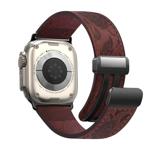 NPET Genuine Leather Apple Watch Band with Western Engraved Feather Pattern and Magnetic Buckle - Compatible with Apple Watch Ultra SE2 SE Series 8 7 6 5 4 3 2 1