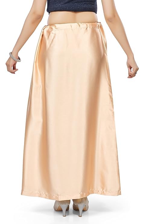 Khushboo Enterprise Satin Solid Silk Petticoat Underwear Skirt, Saree Shape Wear Dress, Free Size, Beige 38 Inches Long, Drawstring Waist2