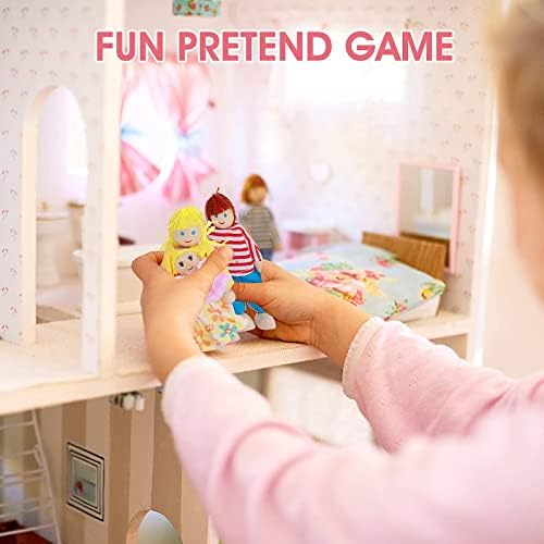 cobee Dollhouse Mini Furniture Set, 12 Pcs Miniature Wooden Doll House Furniture with 3 Family Dolls Figures, Dollhouse Living Room Accessories Dollhouse Decoration for Pretend Play