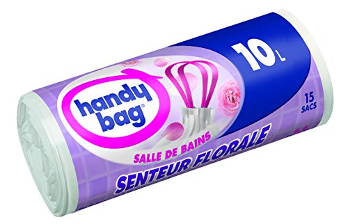 Handy Bag 1 Rouleau de 15 Sacs Poubelle 10 L, Pour Salle de Bains, Poignées Coulissantes, Ultra Résistant, Anti-Fuites, 45 x 45 cm, Blanc