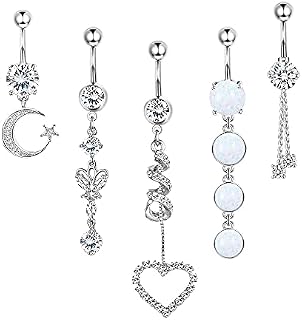 Kakonia 5Pcs Belly Button Bar for Women 14G Dangle Belly Bar 316L Surgical Steel CZ Navel Barbell Body Piercing Jewelry 10mm