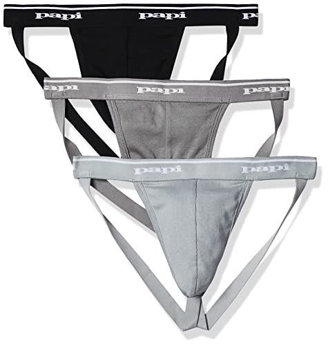 Papi Men's Premium Performance 3-Pack Jockstrap, Athletic Supporter, Breathable Male Workout Underwear, Black/Charcoal/Heather Grey, Small