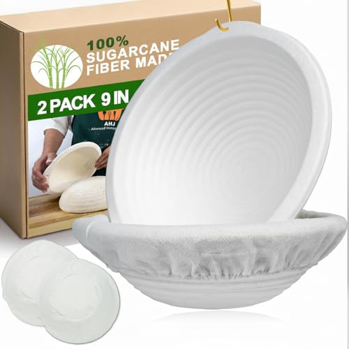 9 Inch Pulp Sourdough Banneton Bread Proofing Basket with 2 Liners, Round Pulp Banneton Bread Proofing Supplies, Reusable Sugarcane Fiber Cold Fermentation Basket Bowl for Homemade Baker Starter