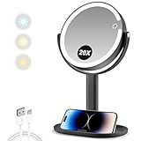 MIYADIVA Makeup Mirror with Lights,20X Magnifying Mirror with Light and Touch Switch,Vanity Mirror with 3 Color Light and 80 LEDs,2-Sided Lighted Magnified Mirrors 8.8 Inches, Black