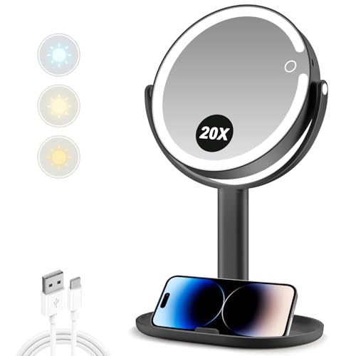 MIYADIVA Makeup Mirror with Lights 20X Magnifying Mirror with Light and Touch Switch Vanity Mirror with 3 Color Light and 80 LEDs 2-Sided Lighted Magnified Mirrors 8.8 Inches Black