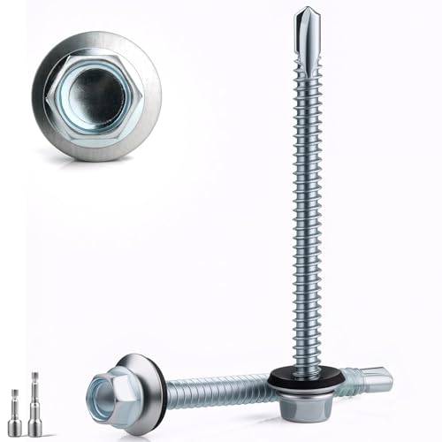 18 PCS Tornillos Autotaladrantes 6.3x100MM Tornillos Roscachapas 2pcs M10 Vaso Taladro Tornillo Panel Sandwich Tornillos Autorroscantes Metal para Panel Sandwich Tejado Chapas Metalicas Aluminio Plata