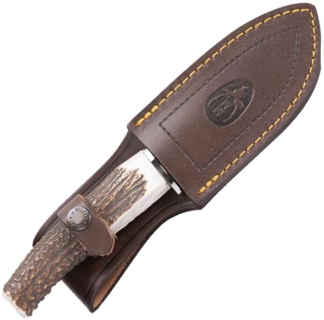 MUELA VIPER-11A Genuine Red Stag Antler Handle Hunting Knife with Leather Sheath