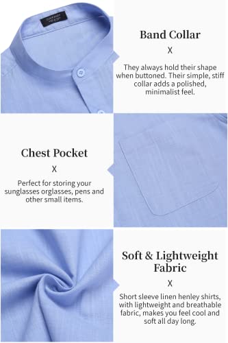 Coofandy Mens Shirt Casual Cotton Linen Henley Summer Lightweight Banded Collar Beach Tops, Blue Solid, Large, Short Sleeve #TOP4