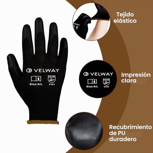 Miniatura 2 de Velway 12 Pares Guantes De Trabajo - Guantes De Protéccion Para Hombre Talla 9 Alta Resistencia - Recubrimiento De Poliéster Pu - Versátiles Protección Mecánica Industrial Jardinería Pintura - Negro