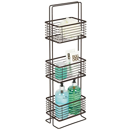 Mdesign Slim Metal Wire 3 Tier Free-Standing Bathroom Shelving Unit, Small Narrow Storage Organizer Tower Rack With 3 Basket Bins - Holds Tissues, Hand Soap, Toiletries - Bronze #TOP3